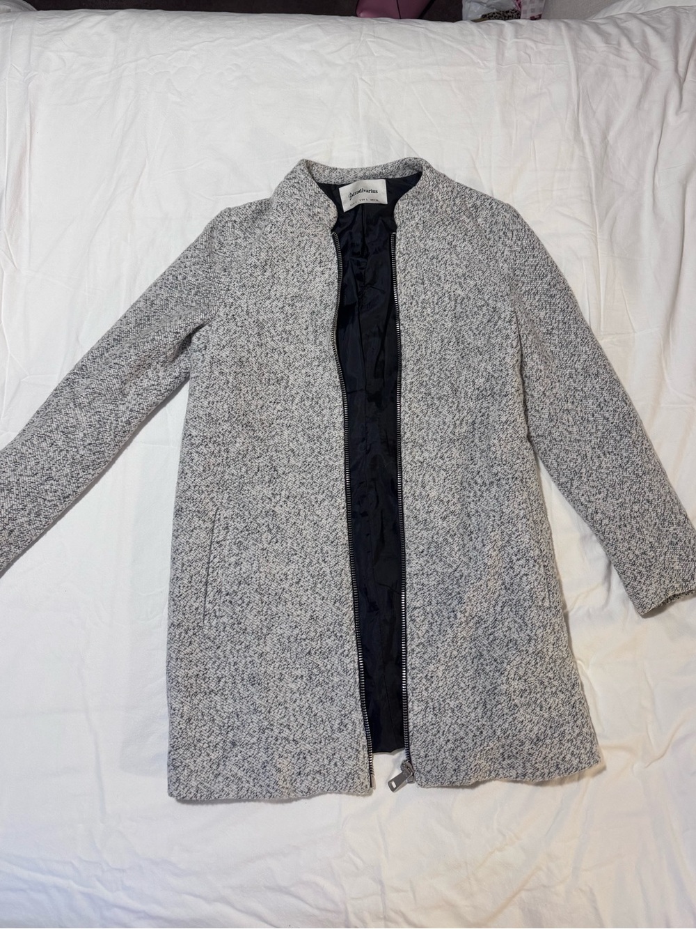 stradivarius Light Gray Textured Zip-Front Trench Coat